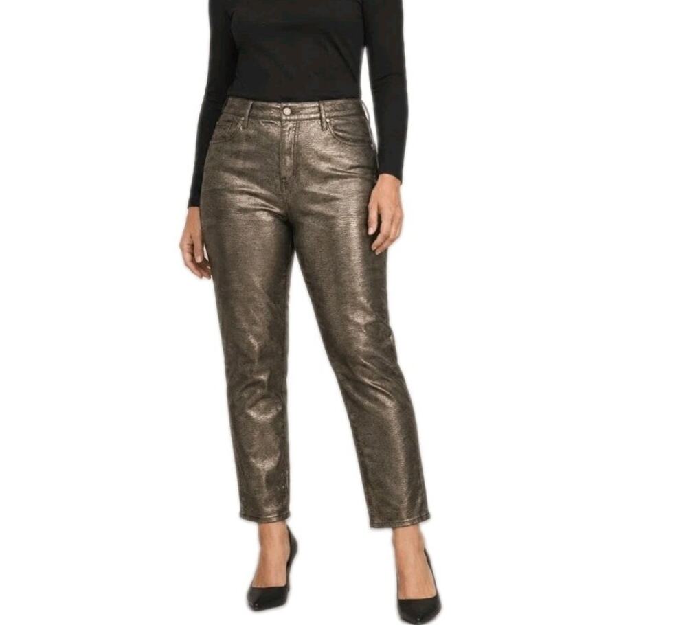 Chico's~Sz 3.5R(US 18R)~Gold/Navy So Slimming Coated Gater Girfriend Ankle Jeans
